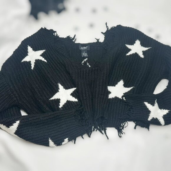 Oversized Cropped Black Sweater with White Stars, Just Polly Womens Size Medium - Picture 11 of 14
